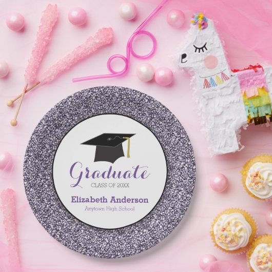 Abschluss Lila Glitzer Mortarboard Pappteller (Party)