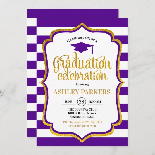 Abschluss - Lila Goldweiß Einladung (Vorne/Hinten)