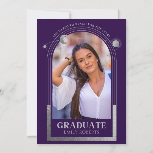 Abschluss Lila Silver Sun Moon Stars Grad Foto Einladung (Vorderseite)
