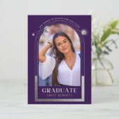 Abschluss Lila Silver Sun Moon Stars Grad Foto Einladung (Stehend Vorderseite)