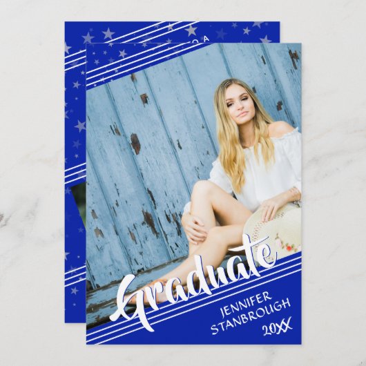 Abschluss, Linien und Sterne | Royal Blue & White  Einladung (Vorne/Hinten)