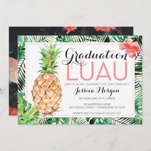 Abschluss Luau Ananas Tropisch mit Foto Einladung (Vorne/Hinten)