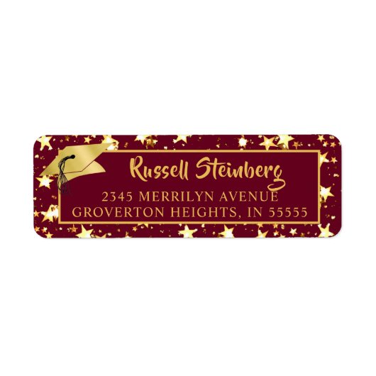 Abschluss Maroon Gold Stars Brush Script Label (Vorne)