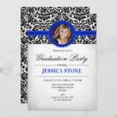Abschluss mit Foto - Royal Blue Schwarz-weiß Einladung (Vorne/Hinten)