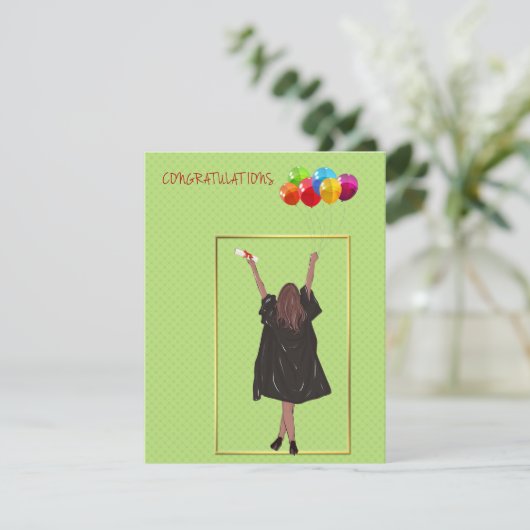 Abschluss mit Girl Holding Balloons Dankeskarte (Stehend Vorderseite)