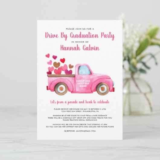 Abschluss mit Parade Pink Retro LKW Herz Einladung (Stehend Vorderseite)