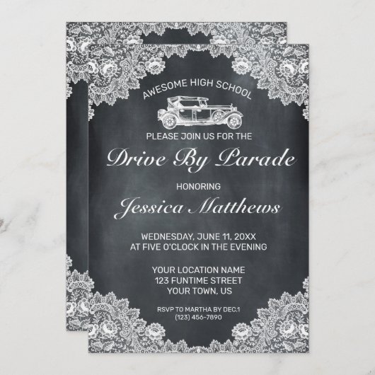 Abschluss mit schwarzer und weißer Spitze Einladung (Vorne/Hinten)