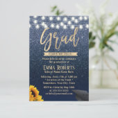 Abschluss Modern Navy Blue Glitzer Sonnenblume Einladung (Stehend Vorderseite)