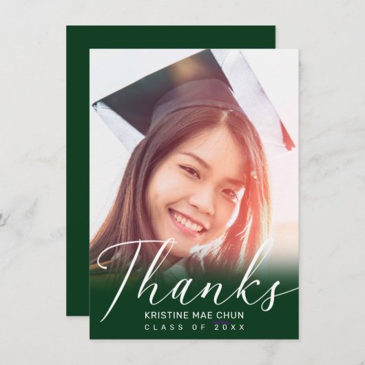 Abschluss Modern White Script Foto Green Dankeskarte (Vorne/Hinten)