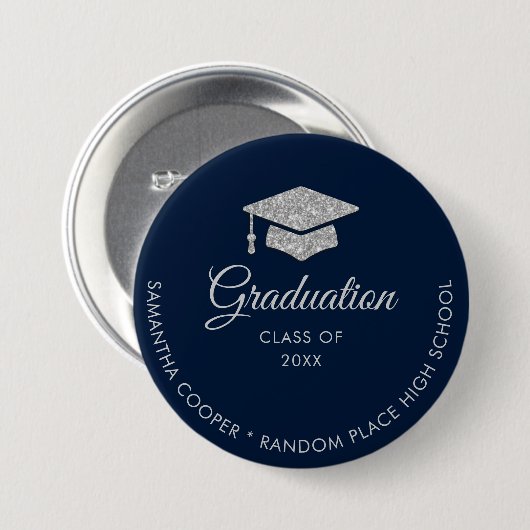 Abschluss Moderne Typografie Navy Blue Script Button (Vorne & Hinten)