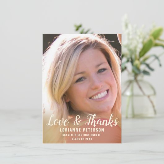 Abschluss Modernes Drehbuch Rustikale Rose Foto Dankeskarte (Stehend Vorderseite)