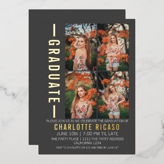 Abschluss Modernes Fotomaterial Personalisiert Folieneinladung (Vorderseite/Rückseite)