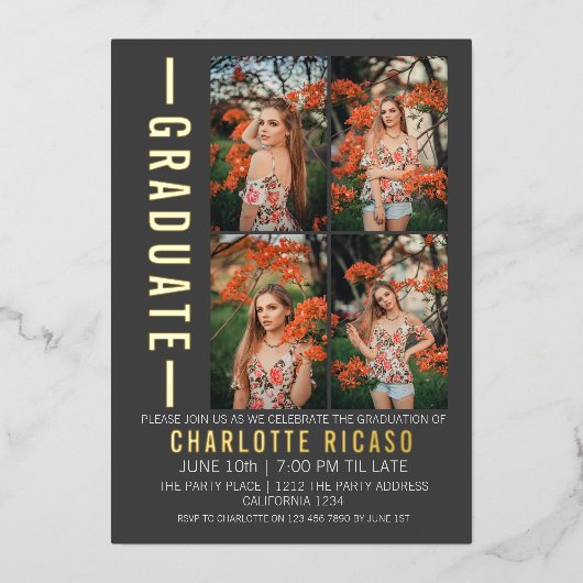 Abschluss Modernes Fotomaterial Personalisiert Folieneinladung (Vorderseite)