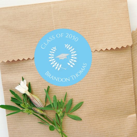 Abschluss Modernes Klassisches Laurel Light Blue Runder Aufkleber