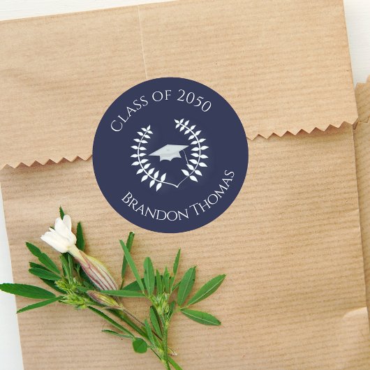 Abschluss Modernes Klassisches Laurel Navy Blau Runder Aufkleber