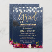 Abschluss Modernes Navy Blue Burgundy Rote Floral Einladung (Vorne/Hinten)