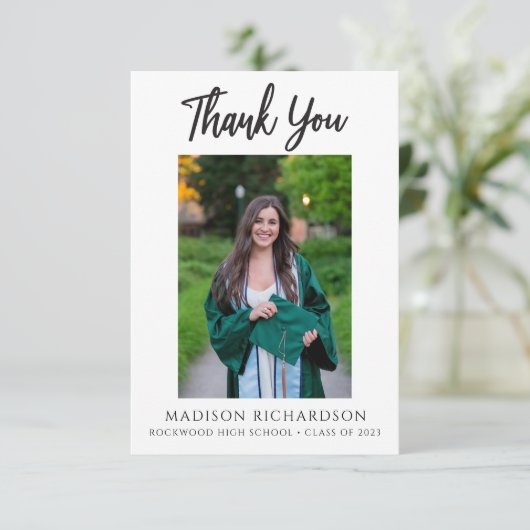 Abschluss Modernes Script 2 Foto Danke Karte (Stehend Vorderseite)