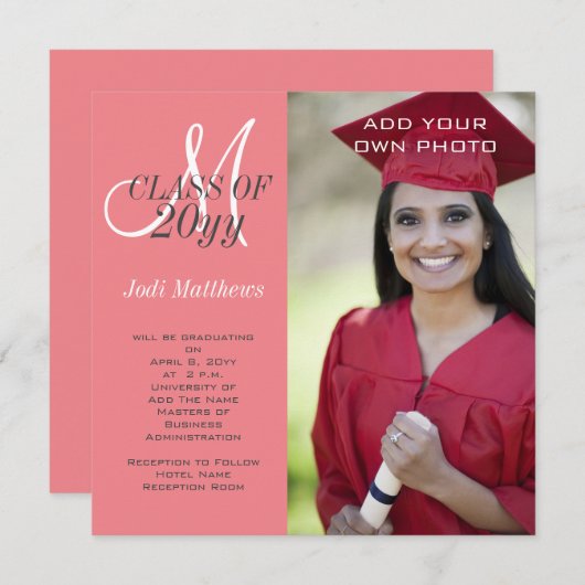 Abschluss Monogramm Foto Koralle Rosa Einladung (Vorne/Hinten)