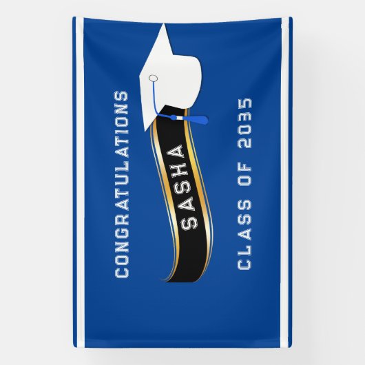 Abschluss Mortar Board Blau und Weiß Banner (Vertikal)