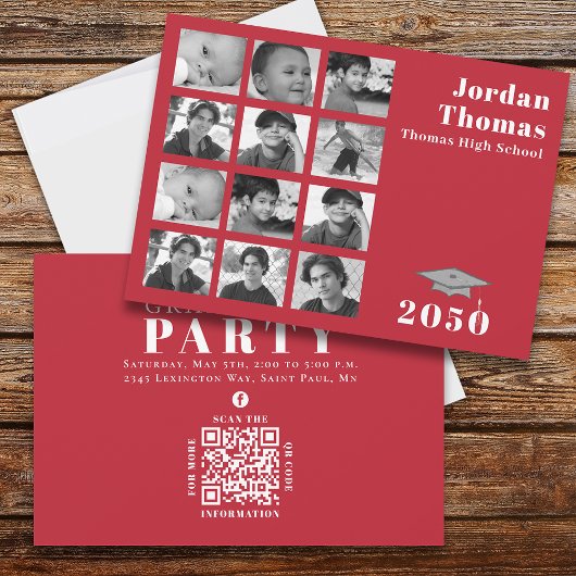 Abschluss Multi Foto Collage Einfache Red QR Code Einladung
