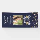 Abschluss Navy Blue Gold Stars Brush Script Foto Banner (Horizontal)
