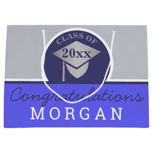Abschluss Navy Blue Silver Chic Personalisiert Große Geschenktüte (Vorderseite)