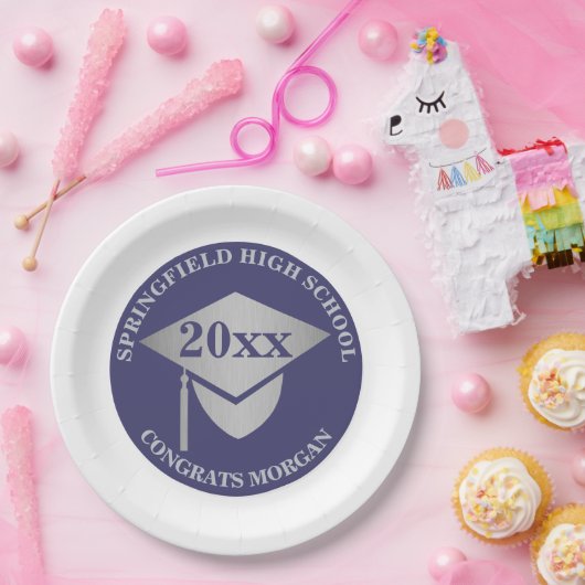 Abschluss Navy Blue Silver Decorative Party Pappteller (Party)