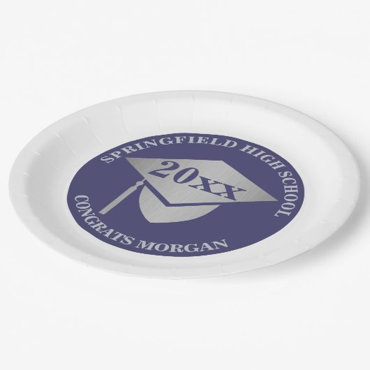 Abschluss Navy Blue Silver Decorative Party Pappteller (Schrägansicht)