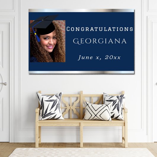 Abschluss Navy Blue Silver Satin Grad Cap Poster