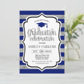 Abschluss - Navy Blue Silver Stripes Einladung (Stehend Vorderseite)