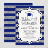 Abschluss - Navy Blue Silver Stripes Einladung (Vorne/Hinten)