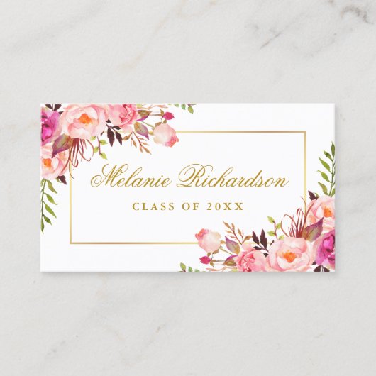 Abschluss Networking Pink Floral Gold Visitenkarte (Vorderseite)