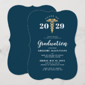 Abschluss Nurueus Navy Blue und Gold Caduceus Einladung (Vorne/Hinten)