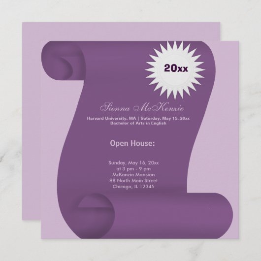 Abschluss Open House (Lila) Einladung (Vorne/Hinten)