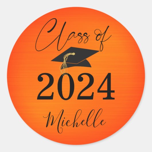 Abschluss Orange Black Cap Script Imitate Metallic Runder Aufkleber (Vorderseite)