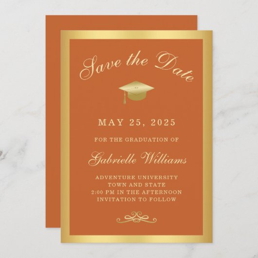 Abschluss Orange Gold Frame Save the Date Ankündigung (Vorne/Hinten)