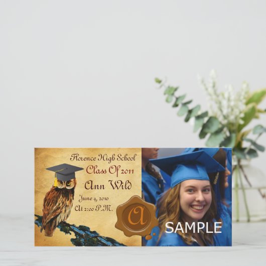 ABSCHLUSS OWL PARCHMENT BROWN WAX SIEGEL MONOGRAM ANKÜNDIGUNG (Stehend Vorderseite)