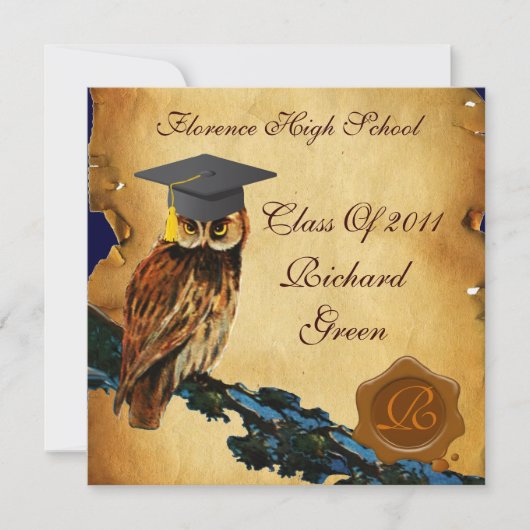 ABSCHLUSS OWL PARCHMENT BROWN WAX SIEGEL MONOGRAM EINLADUNG (Vorderseite)