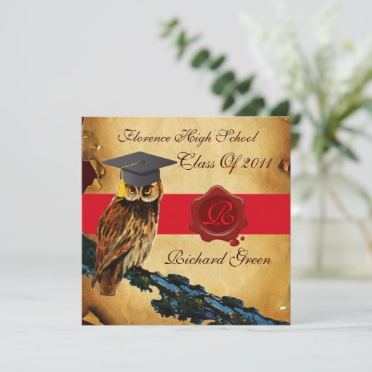 ABSCHLUSS OWL PARCHMENT RED WAX SIEGEL MONOGRAM EINLADUNG (Stehend Vorderseite)
