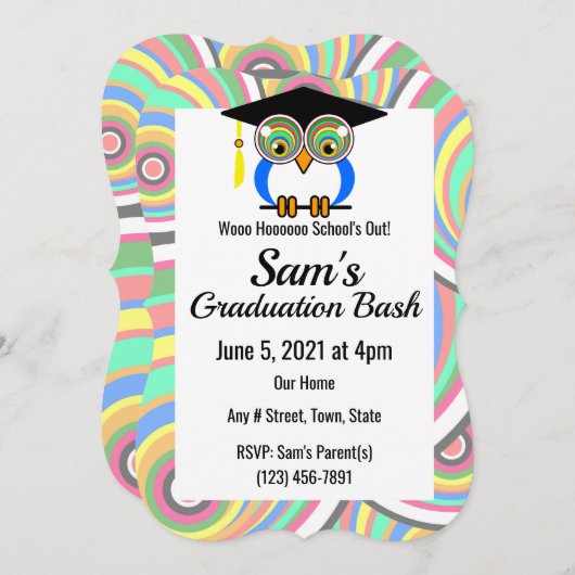 Abschluss Owl - Spaß, farbenfroh, Feier Invi Einladung (Vorne/Hinten)
