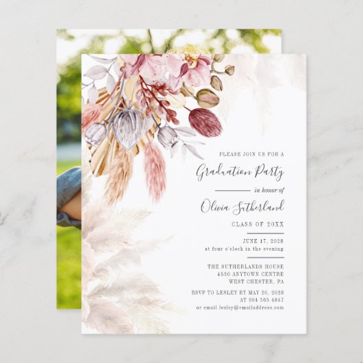 Abschluss Pampas Grass Foto Party Einladung (Vorne/Hinten)