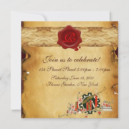 ABSCHLUSS PARCHMENT RED WAX SIEGEL MONOGRAM Felt Einladung (Rückseite)