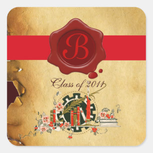 ABSCHLUSS PARCHMENT UND ROTES WAX SIEGEL MONOGRAM QUADRATISCHER AUFKLEBER