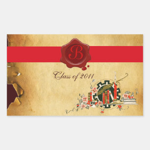 ABSCHLUSS PARCHMENT UND ROTES WAX SIEGEL MONOGRAM RECHTECKIGER AUFKLEBER