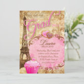 Abschluss Paris Eiffelturm Vintage Blume Rosa Einladung (Stehend Vorderseite)