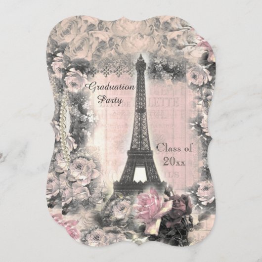 Abschluss-Party-Shabby Chic-Eiffelturm u. -ROSEN Einladung (Vorne/Hinten)