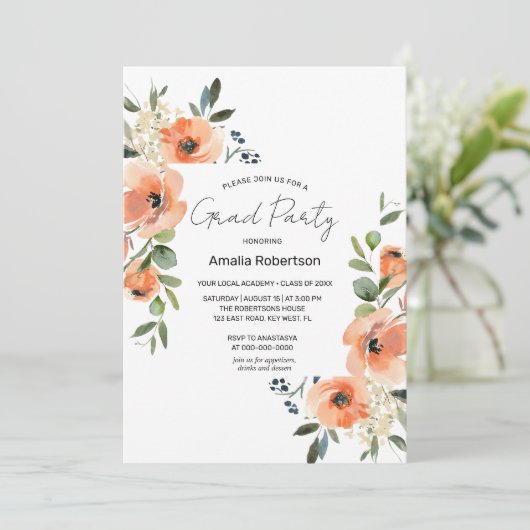 Abschluss Peach Floral and Greenery INVITATION Einladung (Stehend Vorderseite)