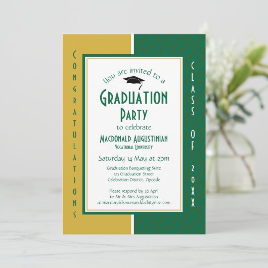 ABSCHLUSS Personalisiert Green Gold Graduate Einladung (Stehend Vorderseite)