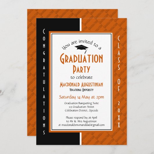 ABSCHLUSS Personalisiert Orange Black Graduate Einladung (Vorne/Hinten)
