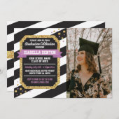 Abschluss Pink Gold Foto Stripe Glitzer Einladung (Vorne/Hinten)